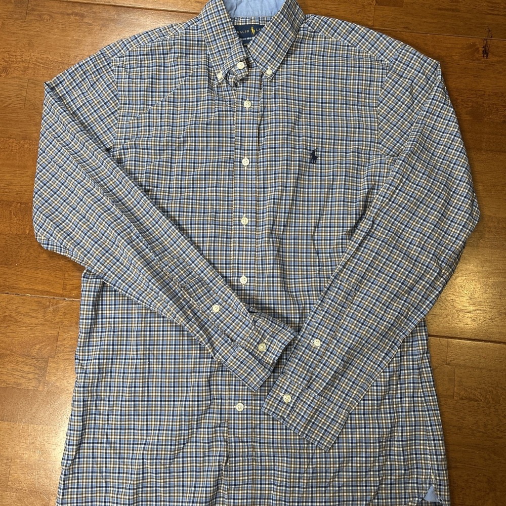 Ralph Lauren Button Down Shirt Men's Size Medium Gingham Check Blue Long Sleeve